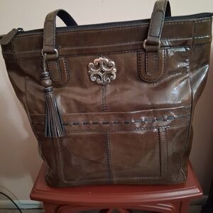 Vintage Brighton Shiny Brown Tote with Silver Accents